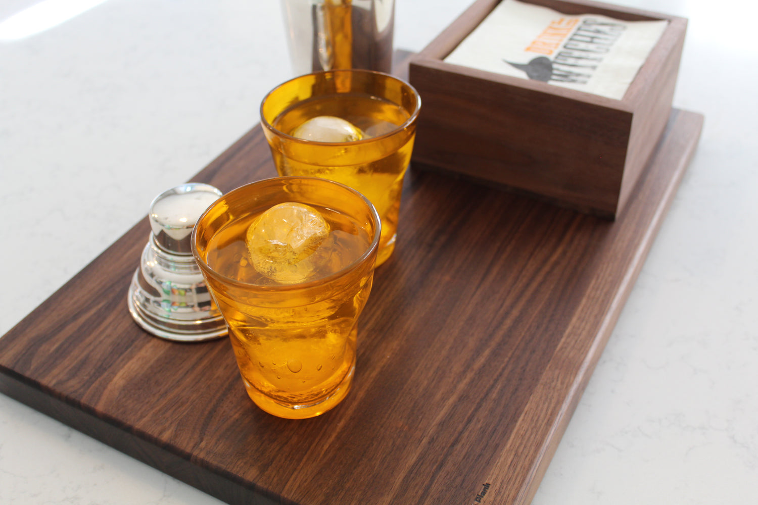 Walnut Cutting Board with drinks.